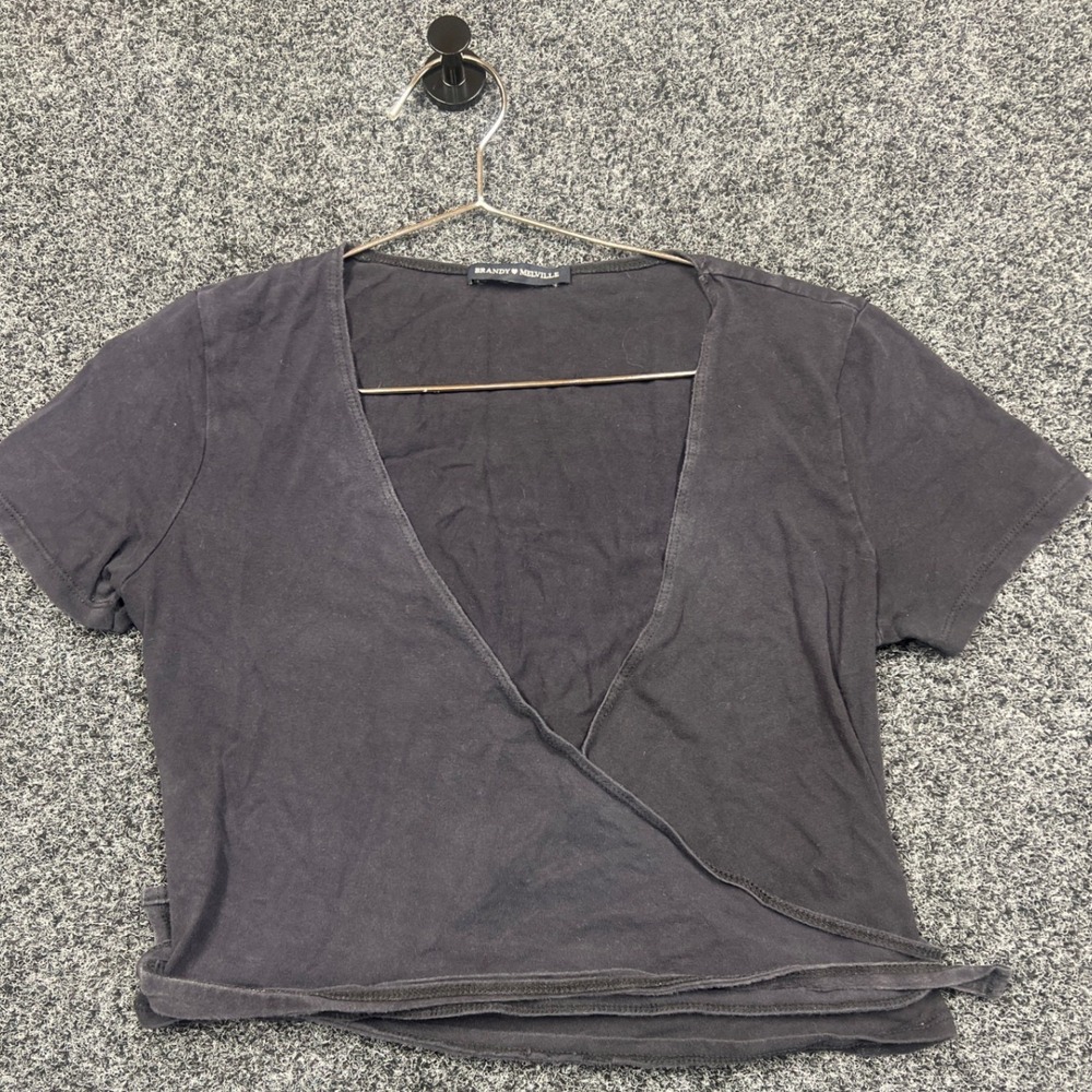 Brandy Melville Wrap Top Womens OS Black V-Neck Short Sleeve Cropped Balletcore